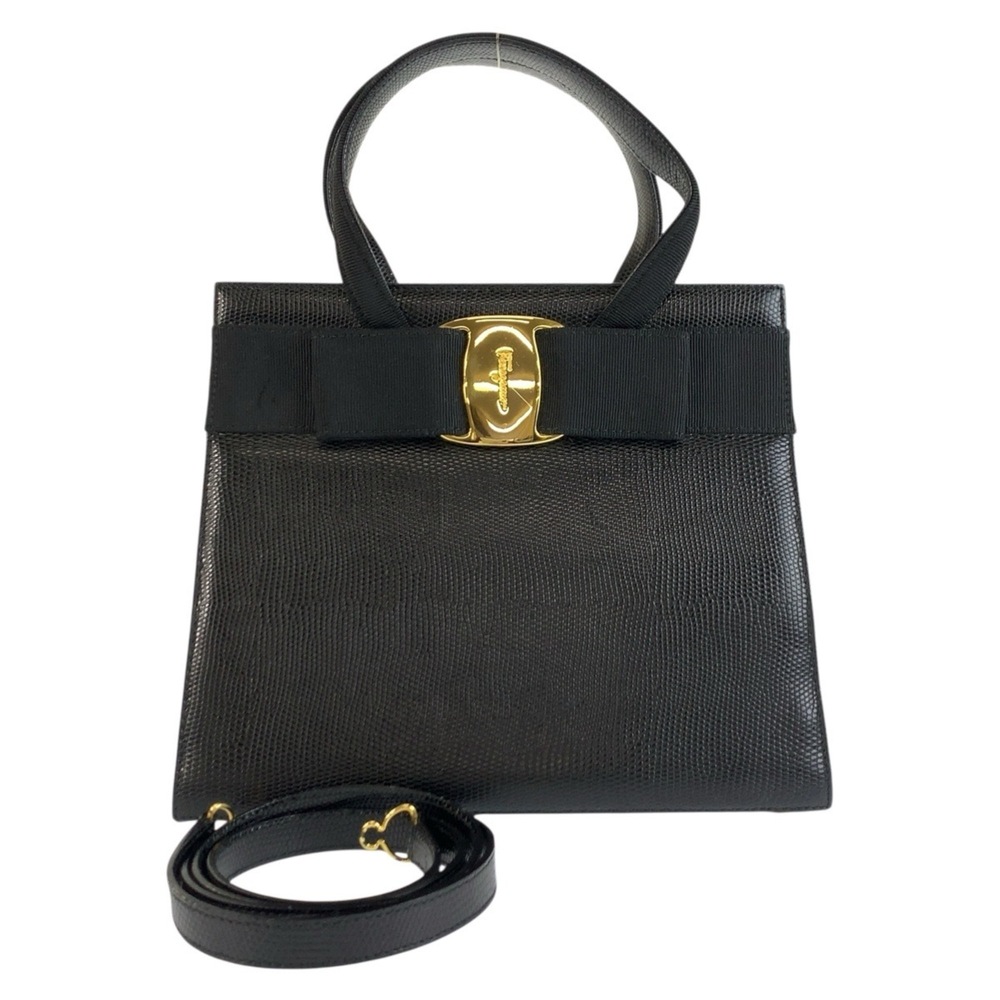 Salvatore Ferragamo Vara Ribbon Black Leather Handbag/Shoulder Bag (2-way) AQ...